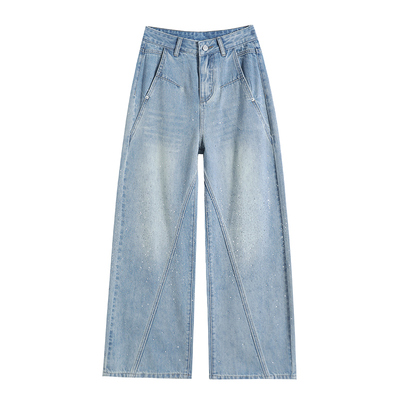 微加长高腰烫钻显瘦阔腿牛仔裤女