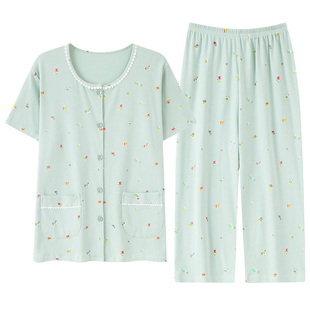 睡衣女半袖夏季无领纯棉圆领开衫短袖七分裤中年妈妈全棉家居服薄