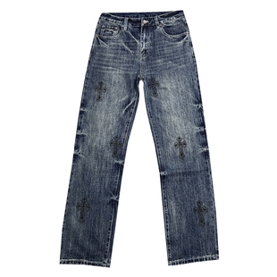 美式休闲复古蓝色直筒牛仔裤男款潮牌十字架印花宽松百搭长裤子男