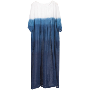 知笔墨夏原创复古文艺植物草木染渐变苎麻连衣裙 圆领抽褶长裙女