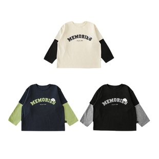 幼悠 春秋新款小熊绣标字母印花男童假两件撞色拼接叠穿长袖T恤
