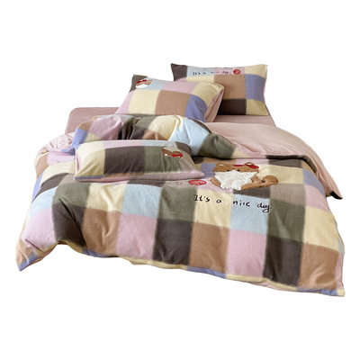 木悠可爱兔毛贴布绣仿生羊毛绒四件套牛奶绒冬季加厚加绒被套床单