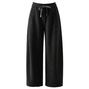 老钱风羊毛醋酸毛呢阔腿裤女小个子加绒裤子2025新款冬灰色弯刀裤