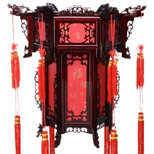 大红旋转实木六角宫灯木制仿古宫廷灯笼装饰结婚中式阳台定制吊灯