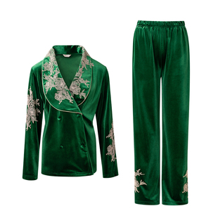NoirTease春秋加厚金丝绒睡衣女士长袖刺绣高级感家居服两件套装