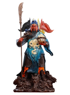 纯黄铜关公神像高温着色聚宝提刀