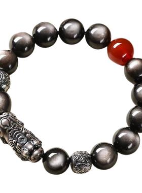 天然黑曜石手串银曜石貔貅手链