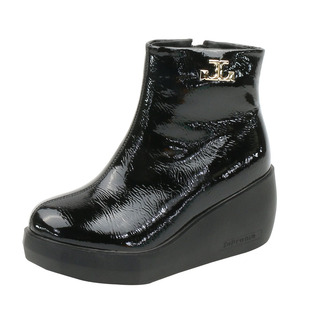 欧洲站2023秋冬季新款女鞋时尚漆皮厚底坡跟侧拉链百搭短靴马丁靴