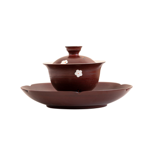 粉引山楂红手绘三才盖碗手工复古泡茶碗家用茶杯高档陶瓷功夫茶具