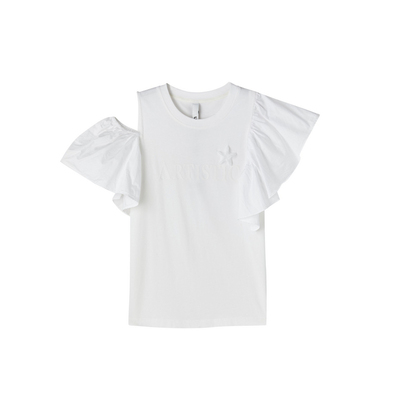 U/TI白色不对称露肩T恤女装 百搭荷叶边亲肤休闲尤缇2024夏季新款