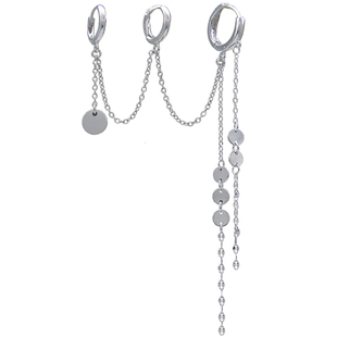 高级感一体式925纯银耳环原创流苏圆片三耳洞长款耳扣连体耳坠