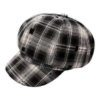 日系复古红色格纹八角帽子女秋冬