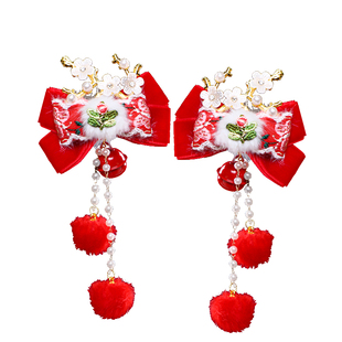 少女秋冬古风汉服头饰毛球流苏刺绣对夹新年可爱发夹古装拜年发饰