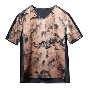 香云纱男装新中式国潮上衣真丝复古印花t恤短袖男夏季桑蚕丝新款