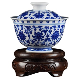 晓隐柴窑景德镇陶瓷永乐青花缠枝莲双狮收藏级二才盖碗茶杯高档