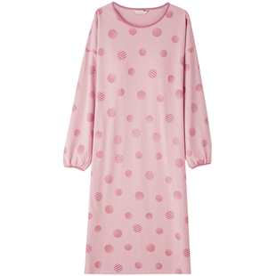 康妮雅纯棉长袖睡裙带胸垫一体女2026新款春秋款波点家居服可外穿