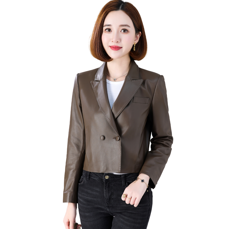 百搭西装头层绵羊皮夹克小外套女
