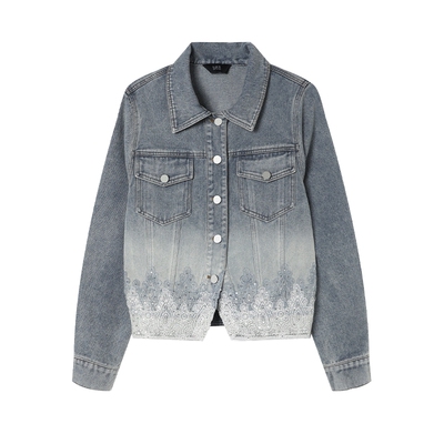 白鹿语设计感蕾丝拼接水洗牛仔外套25秋新款百搭洋气小众夹克上衣