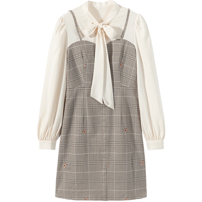 爱居兔连衣裙女春季韩版假两件格纹吊带式时尚长袖连衣裙裙子女