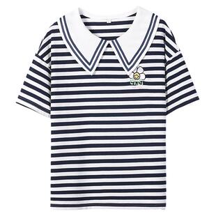短袖T恤尖领初中生少女潮流新品14岁15岁夏季条纹宽松学院风上衣