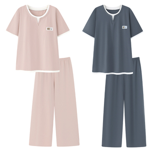 帕兰朵带胸垫情侣睡衣女夏季100%纯棉套头短袖长裤男款家居服套装