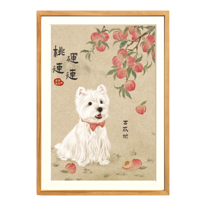 定制手绘宠物画像猫狗国画工笔画高品质礼物实木定制装饰画