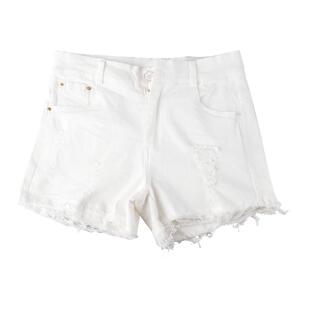 浪莎白色牛仔短裤女夏季2026新款高腰破洞毛边热裤子修身显瘦外穿
