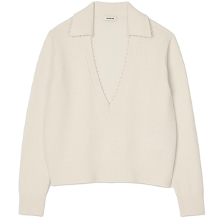 SANDRO秋冬女装法式时尚绵羊毛奶白色深V翻领仿珠饰针织衫上衣
