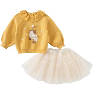 戴维贝拉儿童针织半裙套装保暖秋冬女童新款毛衣网纱裙两件套女宝