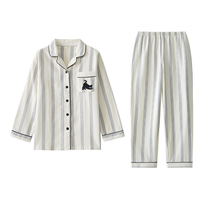情侣睡衣女春秋季刺绣全棉磨毛家居服纯棉绒布套装冬新款日系长袖