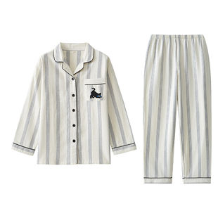 情侣睡衣女春秋季刺绣全棉磨毛家居服纯棉绒布套装冬新款日系长袖