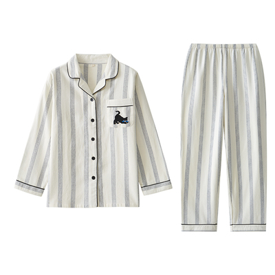 情侣睡衣女春秋季刺绣全棉磨毛家居服纯棉绒布套装冬新款日系长袖