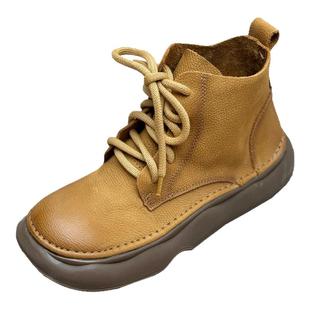 手工真皮短靴女复古牛皮厚底马丁靴增高2025新款女鞋百搭短筒靴子