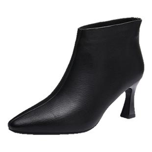 羊皮短靴粗跟秋冬气质4123605007Aee/爱意时装靴女高跟靴子后拉链