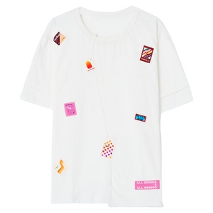 ALL BEINGS25AW创意邮票拼贴本白解构纯棉圆领短袖T恤女秋季新款