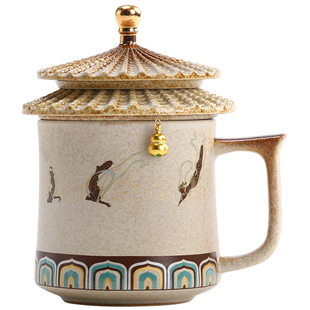 敦煌飞天陶瓷马克杯带盖言宋茶水分离杯创意故宫文创茶杯生日礼物