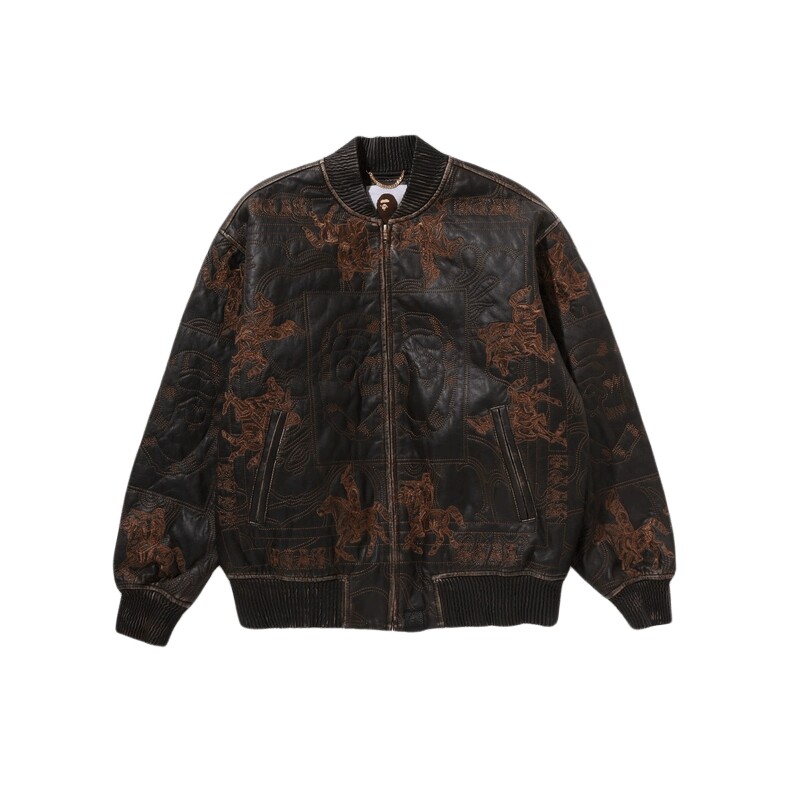 BAPE刺绣皮质加厚棒球夹克外套