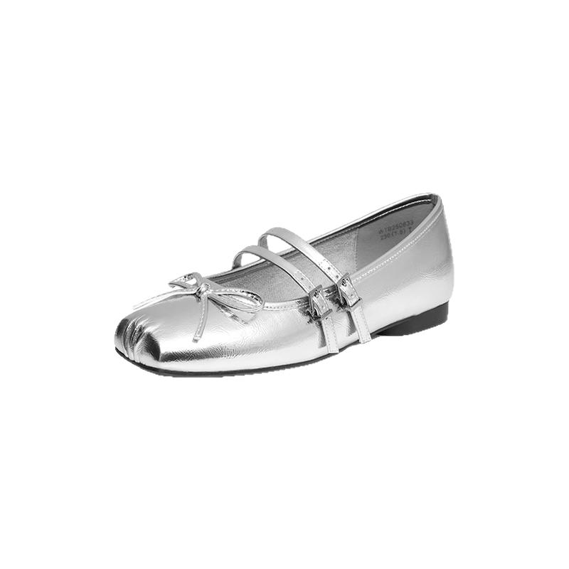 红蜻蜓玛丽珍女鞋2025新款舒适软底黑色皮鞋女款法式银色芭蕾单鞋