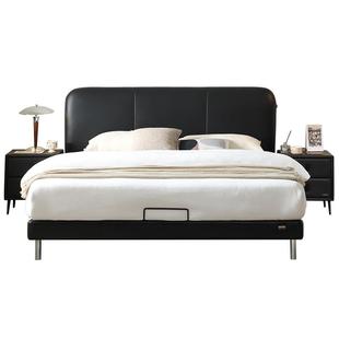 全友家居现代简约1米5软包头层牛皮床主卧室1米8黑色双人真皮大床