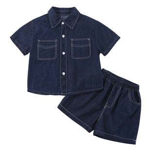 儿童夏季牛仔套装男童衬衫2025新款宝宝洋气女童短袖连衣裙兄妹装