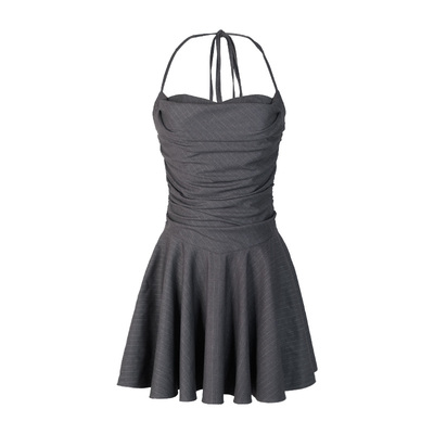 PynkiSwear 灰色条纹 挂脖吊带短款连衣裙女海边度假高智感长裙夏