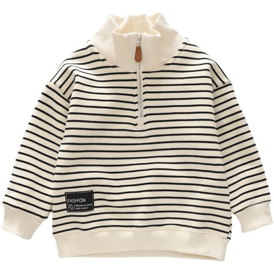 秋冬季男童韩版翻领卫衣加绒条纹