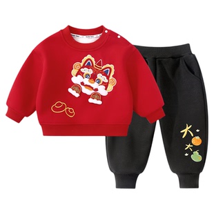红色婴儿卫衣套装加绒保暖冬季过年服男女宝宝儿童加厚新年两件套