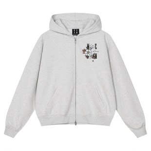 MEDM 花朵字母刺绣休闲拉链帽衫秋冬美式情侣连帽开衫加绒卫衣男