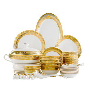 唐山欧式骨瓷餐具碗碟套装家用2026上档次重金浮雕金乔迁送礼礼盒