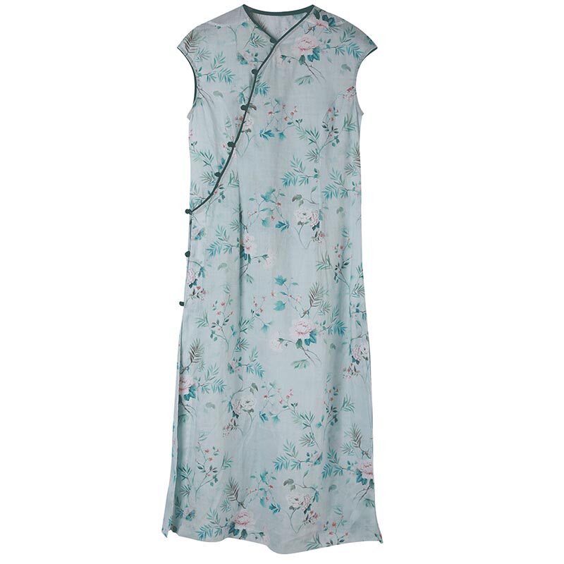 苎麻印花短袖连衣裙女旗袍裙夏