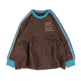 日本 MARKEYS 2026春女童装裙摆撞色条纹中长款运动圆领毛圈卫衣