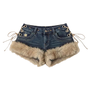 大码美式复古毛毛拼接牛仔短裤女低腰显瘦街头辣妹包臀a字热裤潮