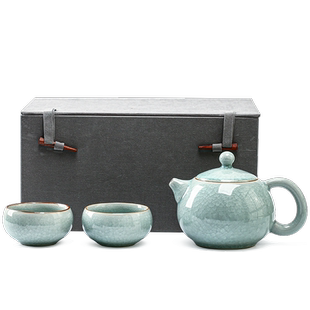 汝窑冰花开片一壶两杯便携陶瓷旅行茶具泡茶壶户外功夫茶具送礼