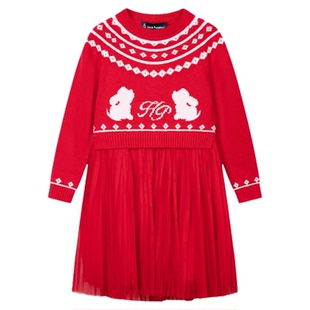 暇步士童装女童连衣裙25秋冬装新品小童宝宝新年装儿童裙子拜年服